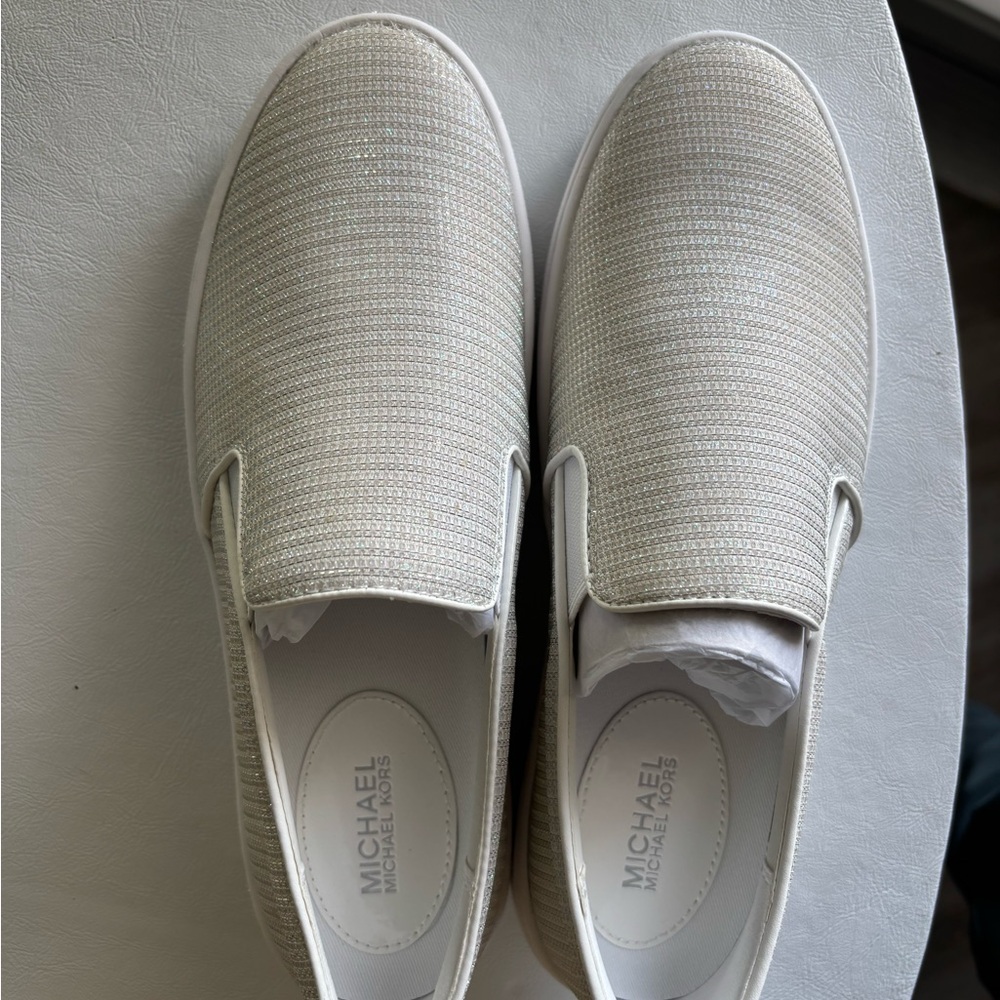 Michael Kors Silver and White Slip-On Sneakers